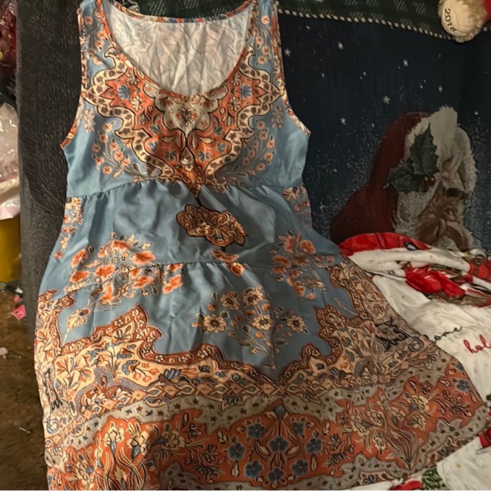 SHEIN Blue and Orange Paisley Midi Boho Dress